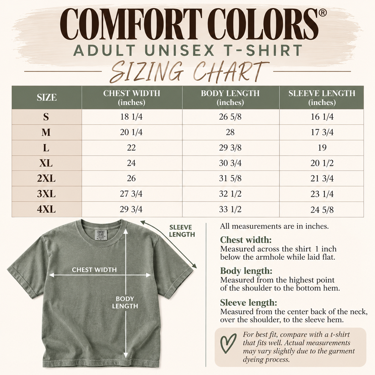 Comfort Colors adult unisex t-shirt sizing chart with a size table from S to 4XL, chest width, body length, and sleeve length measurements in inches, plus a small garment measurement diagram and fit notes on a beige background.