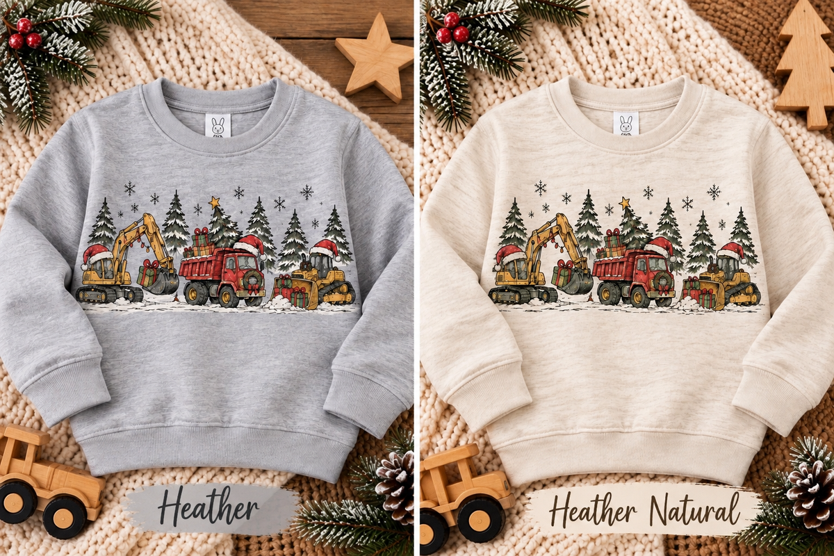 Two children's crewneck sweatshirts shown side by side on a cozy knit blanket with holiday pine branches and wooden toys. The left sweatshirt is heather gray and labeled 'Heather'; the right is heather natural cream and labeled 'Heather Natural'.