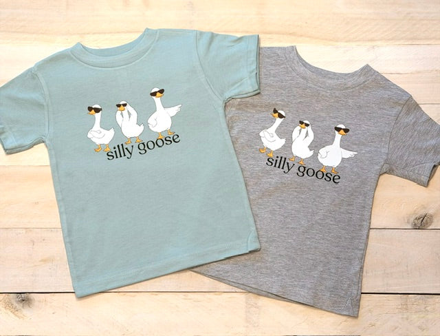 Two children's t-shirts with a graphic of 3 geese and text 'silly goose' on a wooden surface.