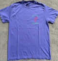 Violet fabric t-shirt with a cactus graphic and text on a violet background