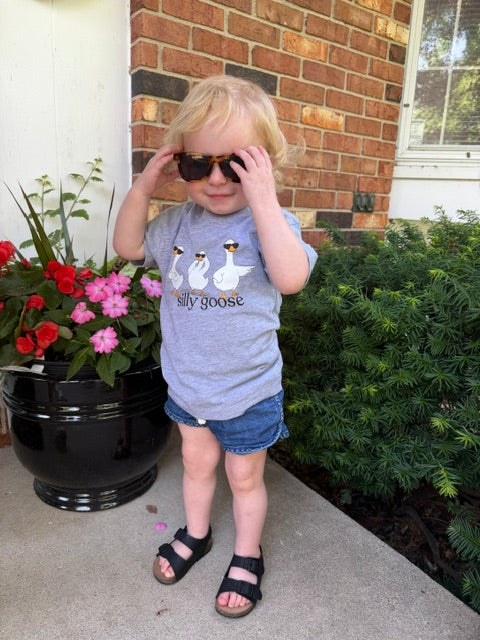 Child playing with sunglasses wearing the gray Silly Goose shirt.